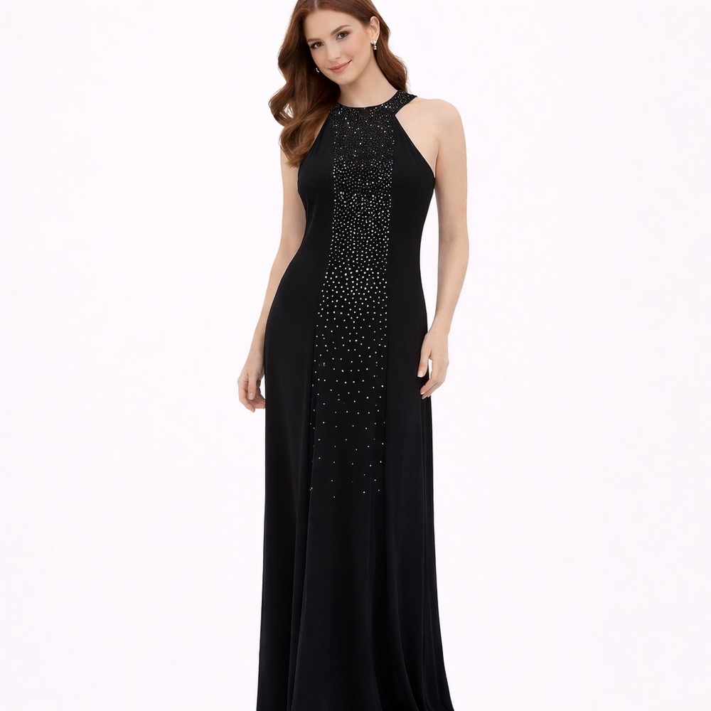 NWT Women's Cachet Black Embellished Halter Maxi Dress Size 8